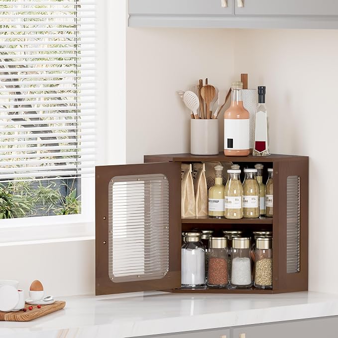 TQVAI Bread Box for Kitchen Countertop Large Corner Bread Loaf Storage Container Double Layer Wooden Bread Boxes Bin Farmhouse Pantry Shelf with Acrylic Window, Retro Brown