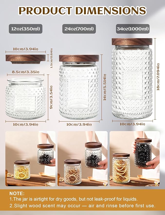 Glass Jar with Wood Lid and Label - 12 OZ Small Airtight Storage Container for Kitchen Pantry Bathroom Countertop, Decorative Vintage Canister for Candy, Treat, Sugar, Coffee, Tea, Salt, Snack, Nuts