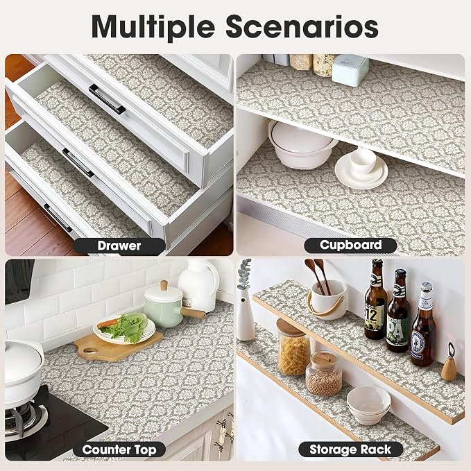 Drawer and Shelf Liner, Non-Slip Kitchen Cabinet Liners Non-Adhesive Thick Strong Grip Waterproof Washable Mats Protect Dresser Shelves Cupboard Bathroom Cabinets, Boho: Beige, 24 in X 20 FT