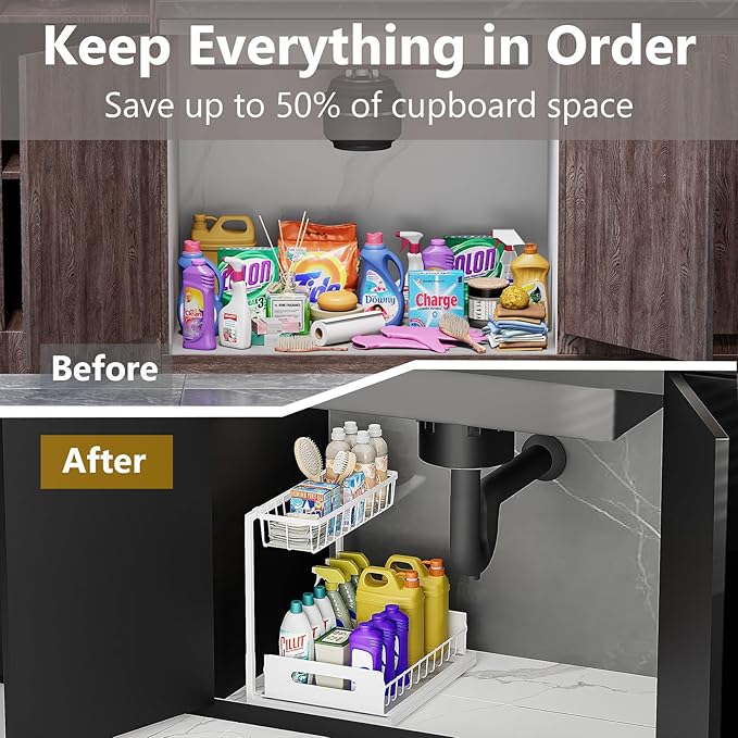 Ceetug Under Sink Organizers and Storage 2 Tier Slide Out Kitchen Cabinet Organizer Sturdy Metal Bathroom Storage (White, 1 Pack)