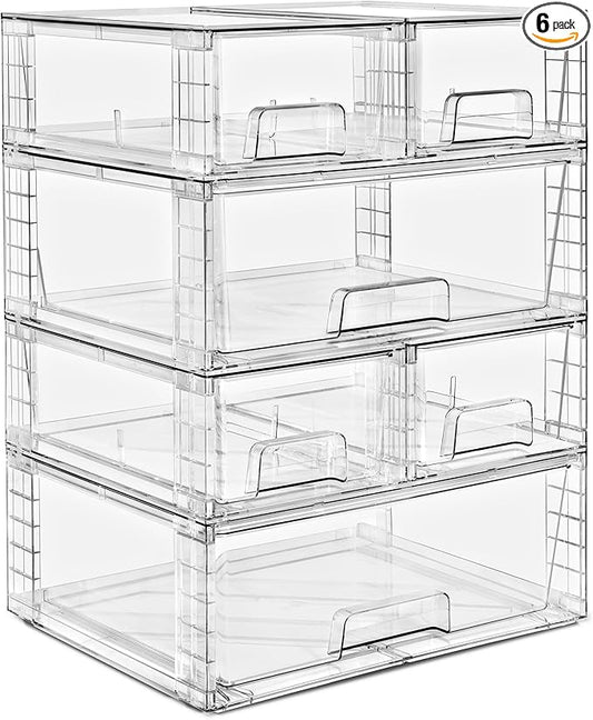 Sorbus Stackable Clear Storage Drawers, 6 Pack (2 Wide + 4 Small) Pull-Out Organizer Bins – Plastic Drawer Organizers for Bathroom, Vanity, Makeup, Under Sink & Countertop Organization