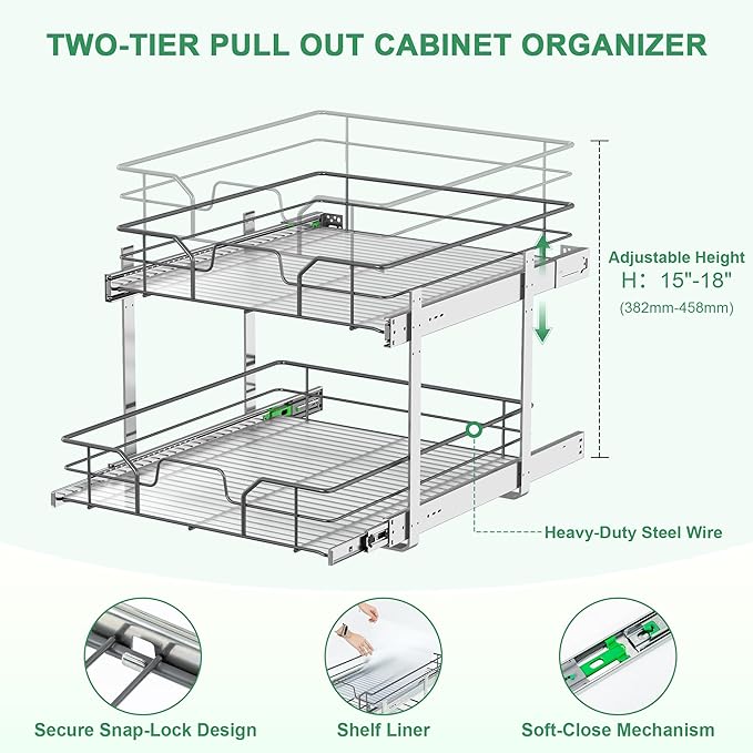 2-Tier Pull Out Cabinet Organizer (20" W x 22" D), Soft Close Cabinet Slide Out Shelves, Heavy Duty Slide Out Drawers with Shelf Liner for Kitchen Cabinets, Pantry Storage, Bathroom