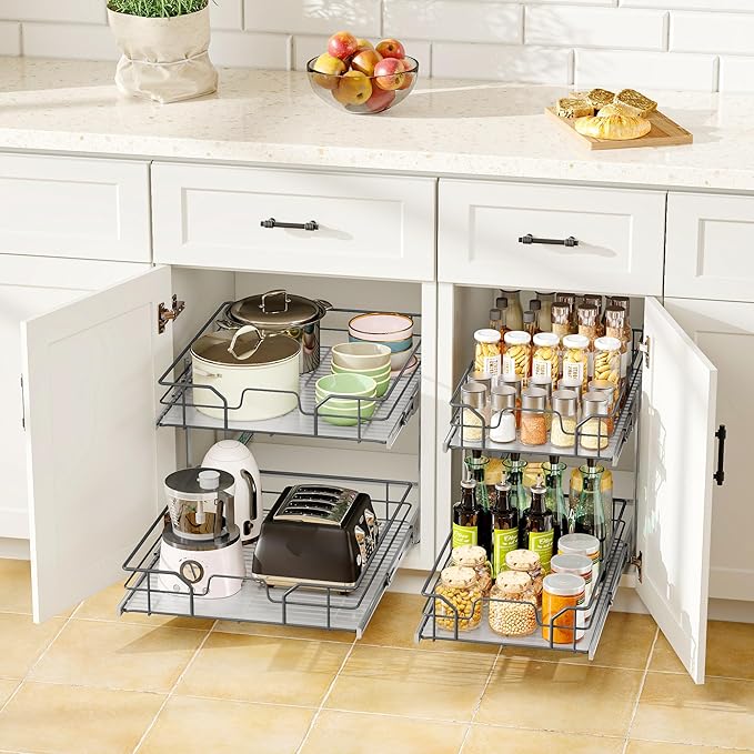 2-Tier Pull Out Cabinet Organizer (20" W x 22" D), Soft Close Cabinet Slide Out Shelves, Heavy Duty Slide Out Drawers with Shelf Liner for Kitchen Cabinets, Pantry Storage, Bathroom