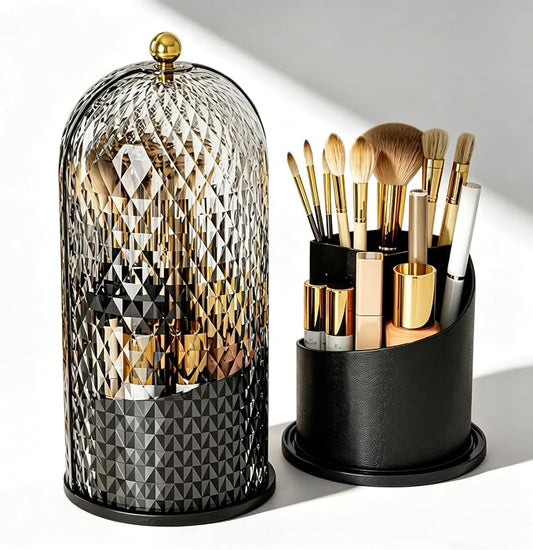 LEFEEL Lumière Mini 360 Rotating Makeup Organizer with Lid, Diamond Cut Cosmetic Organizer - Dustproof Vanity Organizer for Makeup Brushes, Toothbrush & Bathroom Countertop （Black