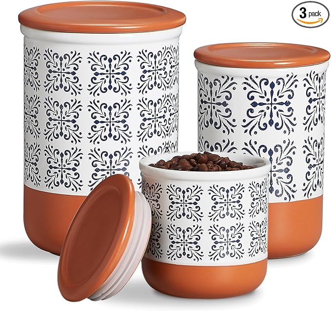 Canisters Sets for Kitchen Counter Ceramic Food Storage Jars with Airtight Lids, Sugar and Flour Containers Set of 3 - for Coffee, Tea, Spice - Stylish Countertop Décor