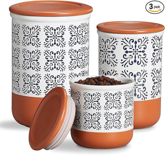 Canisters Sets for Kitchen Counter Ceramic Food Storage Jars with Airtight Lids, Sugar and Flour Containers Set of 3 - for Coffee, Tea, Spice - Stylish Countertop Décor