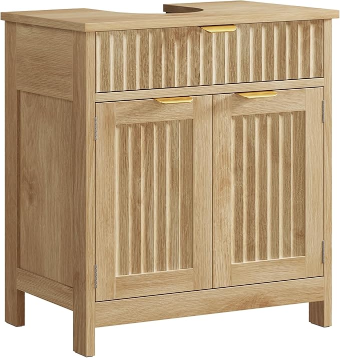 TEENFON Pedestal Sink Storage Cabinet with 2 Doors and Drawer, Bathroom Sink Cabinet with U-Shape Cut-Out, Fluted Pedestal Sink Cabinet, Natural Oak