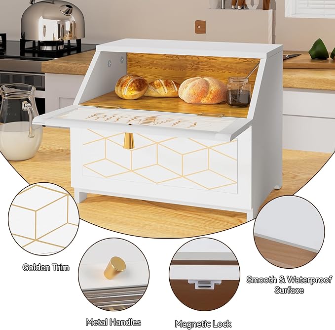 HOLTICO Double Layer Bread Box With Golden Trim for Countertop, Wooden Bread Container for Kitchen Counter, Corner Bread Storage (White)