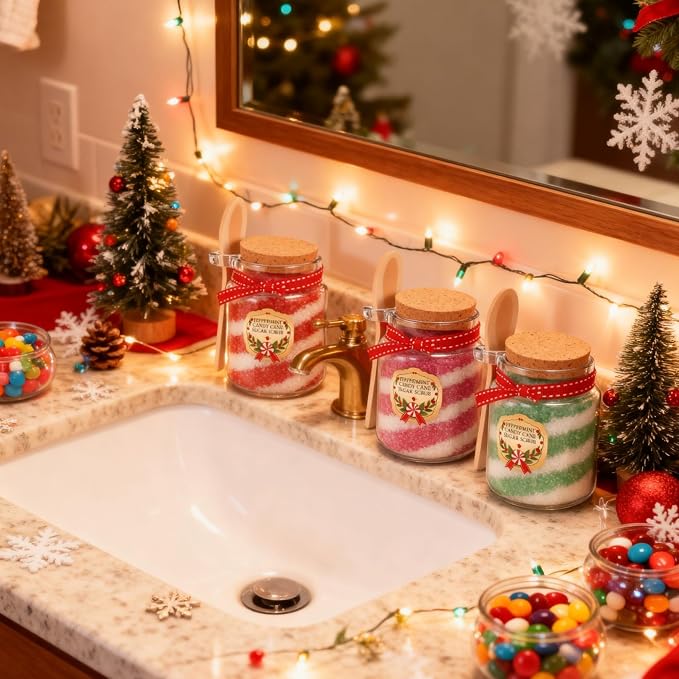 LemonRoad 16 Set Christmas Glass Scrub Storage Jars with Lid and Spoon 3.4 oz Large Capacity Glass Sugar Scrub Container Christmas Gift Xmas Canisters Sets for Winter Home Countertop DIY Idea