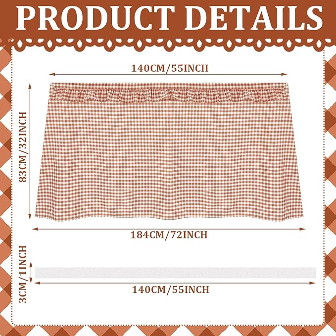 Brown Ruffle Gingham Sink Skirt Self-Adhesive Bathroom Stitch Self Stick Adhesive Fabric Under Sink Curtain Skirt 55'' x 32'' for Bathroom Kitchen Laundry Utility Room Decor