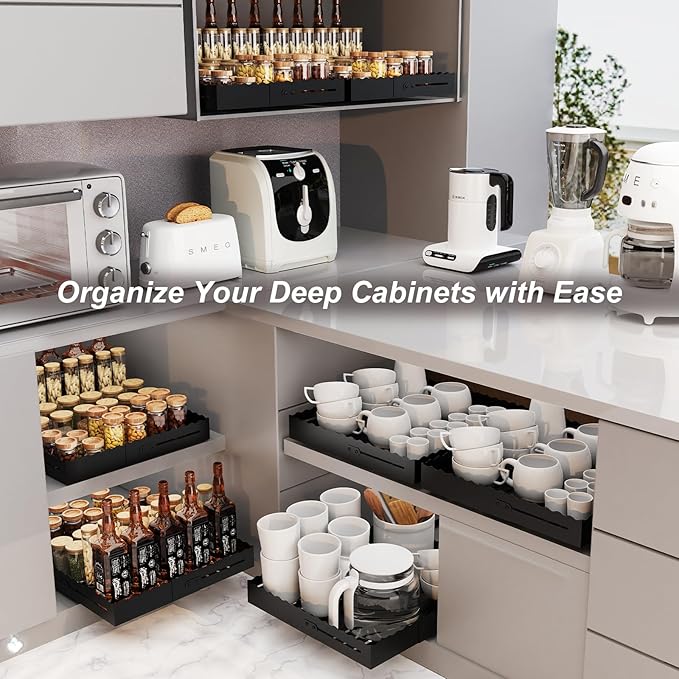 Pull Out Cabinet Organizer, Expandable Width (12"-18") Depth (13"-23") with 3-Slide Rails, No Drill Adhesive Pull Out Drawers for Kitchen and Pantry Cabinets, for Both Lip and Lip-Free Cabinets,Black