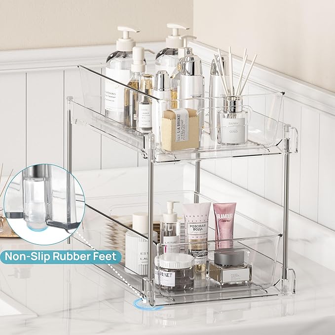 Vtopmart 2 Tier Bathroom Storage Organizer, 2 Pack Clear Under Sink Organizers Vanity Counter Container, Cabinet Drawers Bins, Pull-Out Organization with Track for Pantry, Kitchen