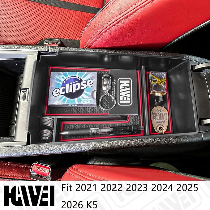 HGWEI Center Console Organizer Compatible with 2021 2022 2023 2024 2025 2026 Kia K5 DL3 GT Line Interior Accessories, ABS Insert Tray Armrest Storage Box, Red