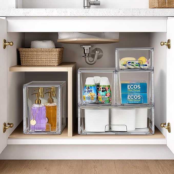 Sorbus Stackable Clear Storage Drawers, 6 Pack (2 Large + 2 Medium + 2 Small) Pull-Out Organizer Bins – Plastic Drawer Organizers for Bathroom, Vanity, Makeup, Under Sink & Countertop Organization