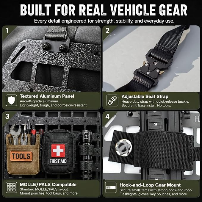 Metal MOLLE Seat Back Panel, 1 Seat Kit, 2mm Aluminum Vehicle Organizer for Most Standard Seat Backs, No-Drill Strap Mount, Compatible with Many MOLLE/PALS-Style Accessories