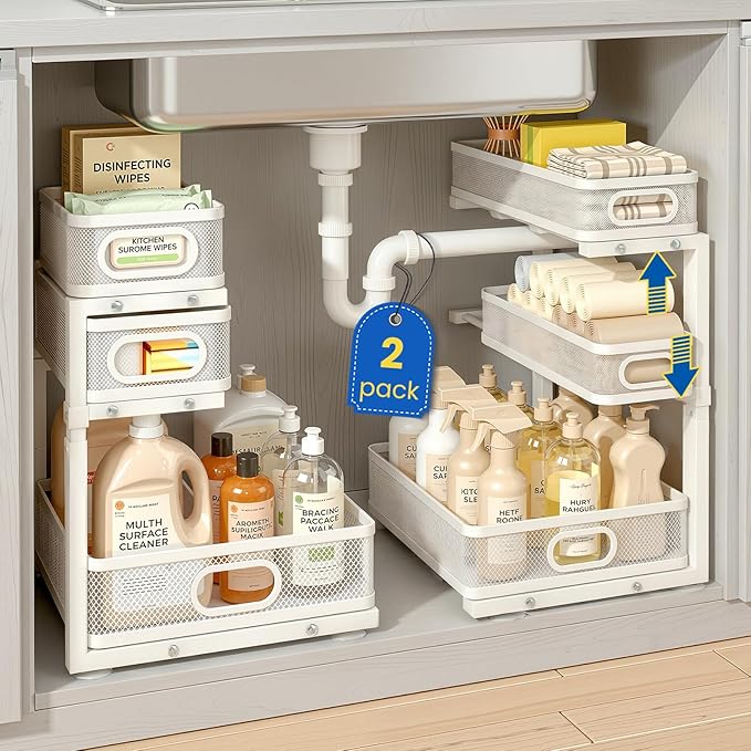 Under Sink Organizer, 3-Tier Pull Out Cabinet Organizer with Drawer Stops, Height Adjustable Slide Out Storage Rack for Kitchen Bathroom Pantry Laundry Room Organization, 2 Pack