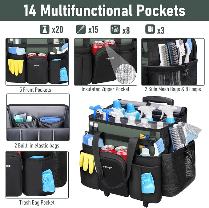 Ytonet Cleaning Caddy with Wheels, Extra Large Rolling Cleaning Caddy Bag with Detachable Trolley for Housekeepers, Water Resistant Cleaner Supplies Organizer with Wheels for Kitchen, Tool Organizer