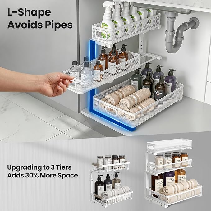 Under Sink Organizer, 3-Tier Pull Out Cabinet Organizer with Drawer Stops, Height Adjustable Slide Out Storage Rack for Kitchen Bathroom Pantry Laundry Room Organization, 2 Pack