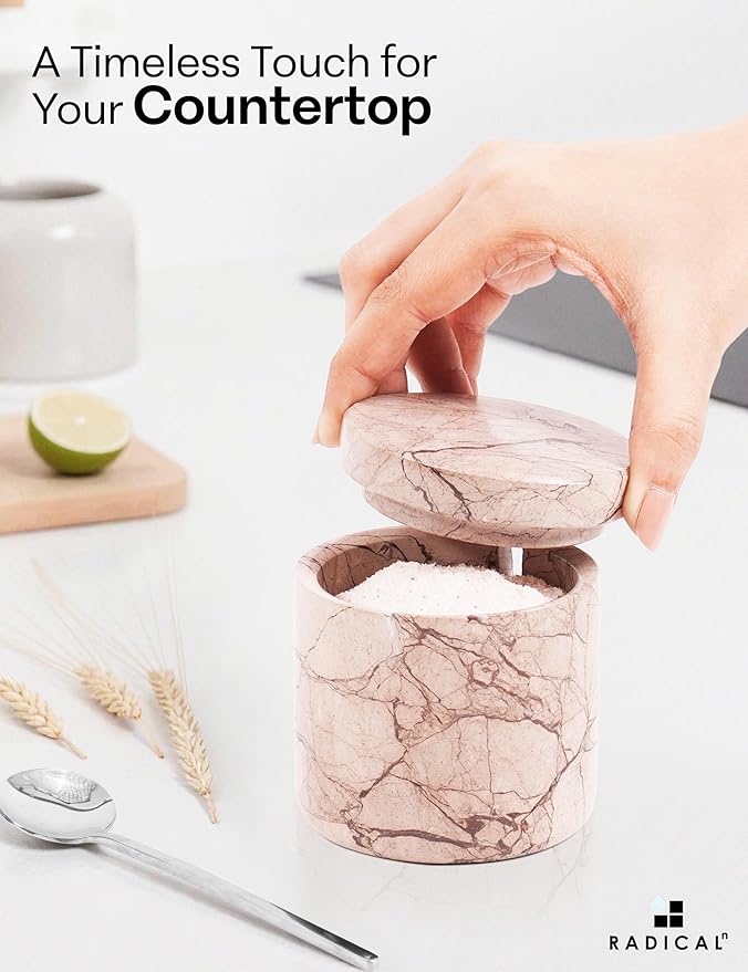 Radicaln Marble Salt Cellar with Lid and Tray 3" Inch White and Marinara Handmade Set of 2 Seasoning Jars For Kitchen Storage, Ideal Table Sugar Bowl & Salt Dish For Countertop