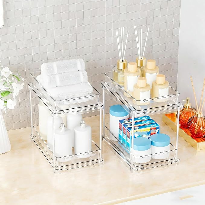 FILFEEL 2 Tier Vertical Pull Out Cabinet – Clear PET Slide Out Seasoning Rack for Kitchen Cabinets, Bathroom Vanity & Under Counter Storage – No Drill Installation, Full Extension Tracks