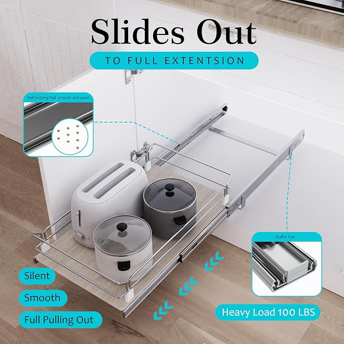 Pull Out Cabinet Organizer 20" W X 22" D, Slide Out Drawers For Kitchen Organizers and Storage, Pull Out Drawers For Cabinets Capacity Heavy Duty Caddy, Cabinet Shelves Wood Chrome, Pantry Storage
