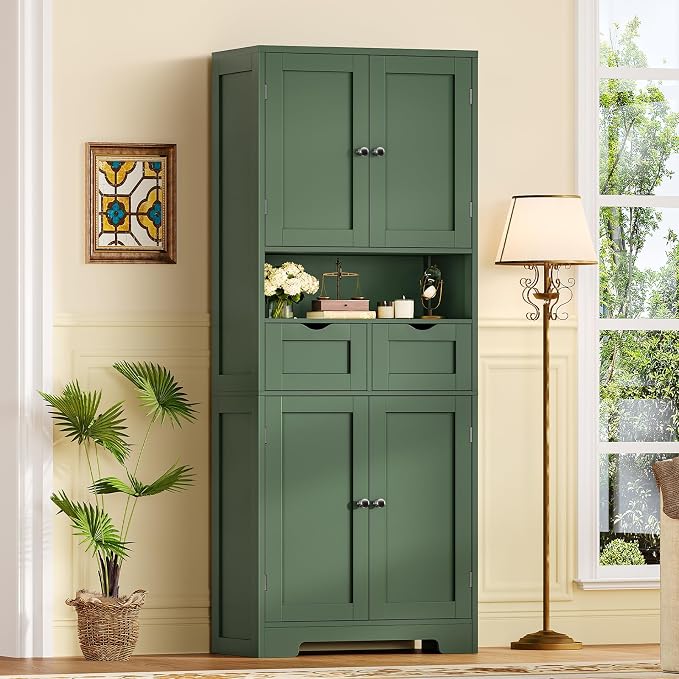 TEENFON Kitchen Pantry Cabinet with Adjustable Shelf, Tall Storage Cabinet with 2 Drawers & 4 Door Shelves, Food Pantry Cabinets, for Kitchen, Dining Room, Living Room, Green