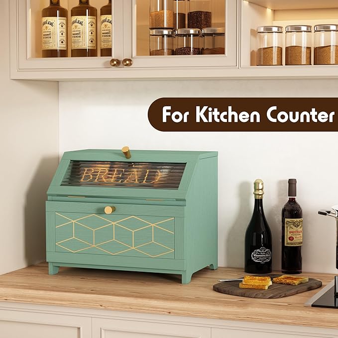 HOLTICO Double Layer Bread Box With Golden Trim for Countertop, Wooden Bread Container for Kitchen Counter, Corner Bread Storage (Green)