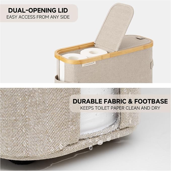 StorageWorks Toilet Paper Storage Baskets with Dual Flip Lids, Toilet Paper Organizer for Bathroom, Toilet Paper Container with Side Pocket, Holds 9 Mega or 12 Regular Rolls, Medium, Light Khaki