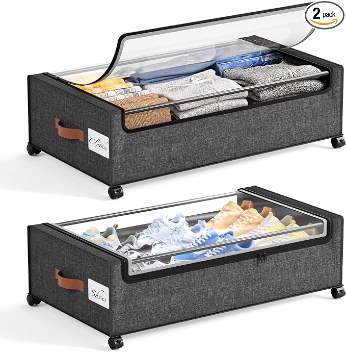 Yecaye 82 L Under Bed Storage with Wheels, 9.4 in Under Bed Storage Containers, Large Under Bed Shoe Storage with Lids, Rolling Underbed Storage bins for Clothes, Blankets, Grey