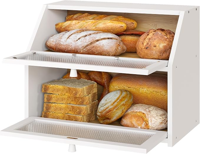 Bread Box, Bamboo Wood Bread Box for Kitchen Counter, Double-layer Bread Storage Bin, Acrylic glass with Diamond Patterns (White, Large)