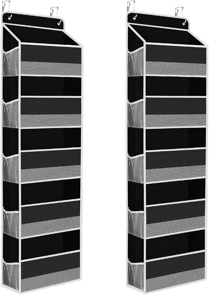 SpaceHacks 2 Pack Over The Door Organizer, Hanging Storage Organizer with Clear Window, 40lb Ultra Sturdy Large Capacity Room Organizer for Pantry Laundry Bathroom Nursery Closet (Black)