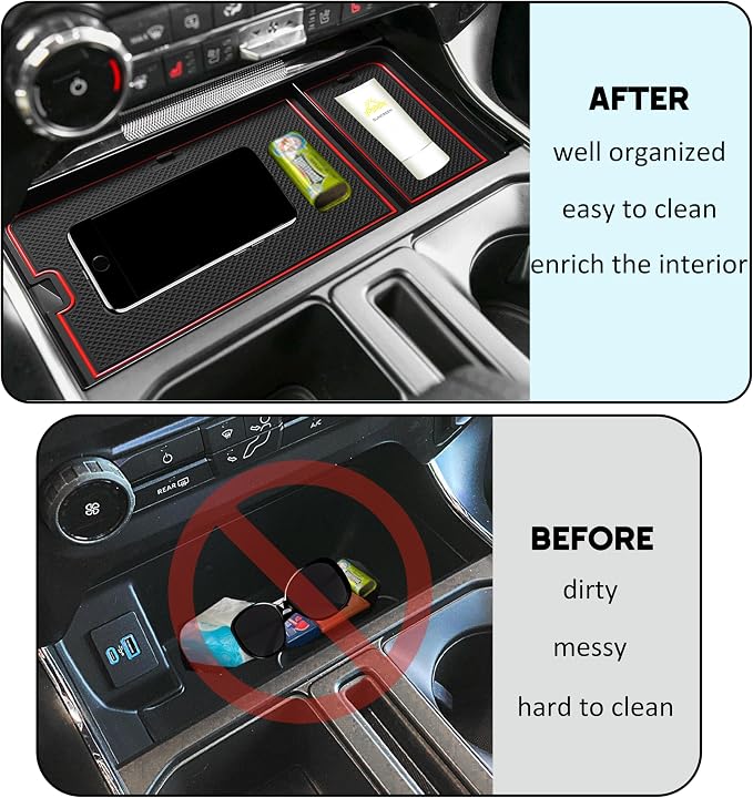 Center Console Organizer Tray for Ford F150 2021-2024/Lightning XLT 2022-2024 Interior Accessories Hidden Insert Storage Box with USB Hole Fit Front Shifter Open Pocket (Red)