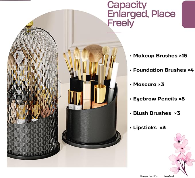 LEFEEL Lumière Mini 360 Rotating Makeup Organizer with Lid, Diamond Cut Cosmetic Organizer - Dustproof Vanity Organizer for Makeup Brushes, Toothbrush & Bathroom Countertop （White