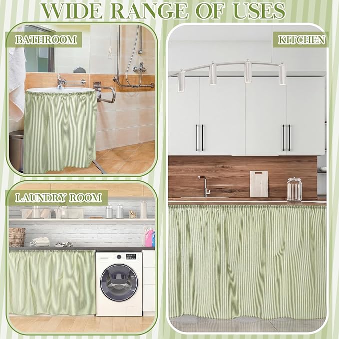 VitalCozy Cabinet Curtain 28" W x 51" L Sage Green Sink Skirt for Bathroom Kitchen Spring Green Strips Short Curtain for Home Classroom Drape Under Desk Privacy Drape for Laundry Room