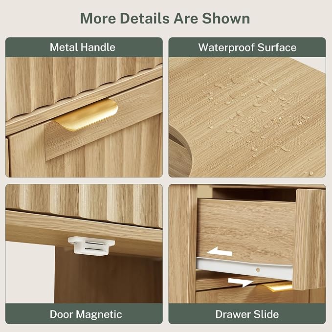 TEENFON Pedestal Sink Storage Cabinet with 2 Doors and Drawer, Bathroom Sink Cabinet with U-Shape Cut-Out, Fluted Pedestal Sink Cabinet, Natural Oak