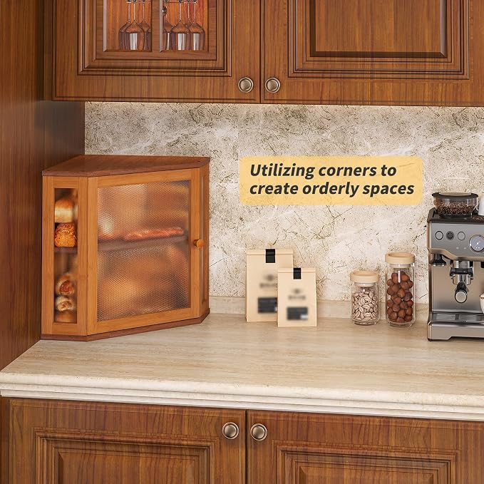 Corner Bread Box for Kitchen Countertop,Bread Storage for Homemade Bread, Double Layer Large Bamboo Kitchen Storage Bin with Window (Brown, Medium)