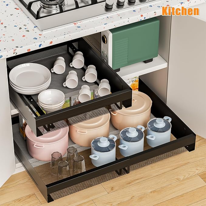 Hisencn Pull Out Cabinet Organizer, Expandable Width 13.9"-22", 21.8" Deep Heavy Duty Slide Out Drawer for Kitchen Cabinets, No Drill Roll Out Shelves with Adhesive Nano Film (Black)