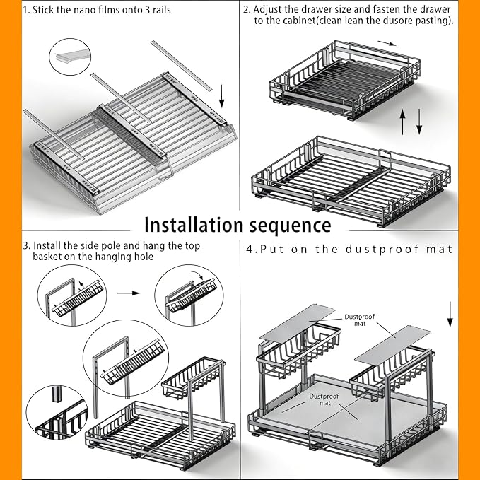 Under Sink Organizer, 1 Pack 2-Tier Expandable Pull Out Storage with Ball-Bearing Slides, Height Adjustable for Kitchen Bathroom Cabinet, Black