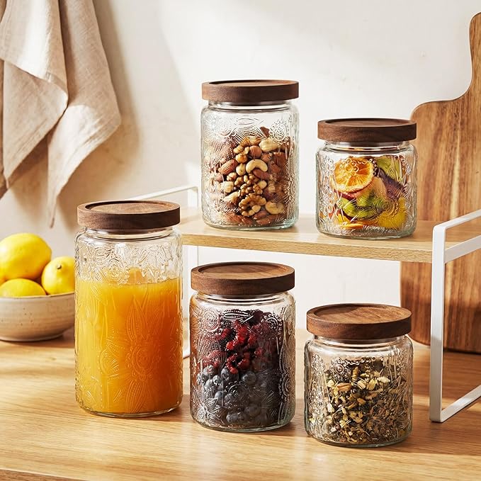Suclain 5 Pcs Sunflower Vintage Glass Jars with Bamboo Airtight Lid 17/24/34 oz Glass Food Containers Storage for Kitchen Counter Pantry Sugar Flour Coffee Tea Candy Oats Cereal(Round)