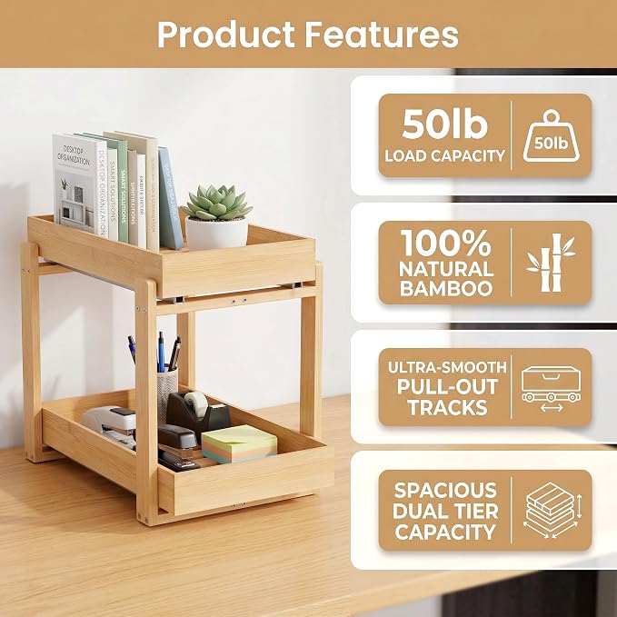Bamboo Under Sink Storage 2 Tier Pull Out Cabinet Organizer Slide Out Under Sink Storage Shelf Undersink Organizers Shelves for Kitchen Bathroom Organization (Nature, 2 Pack)