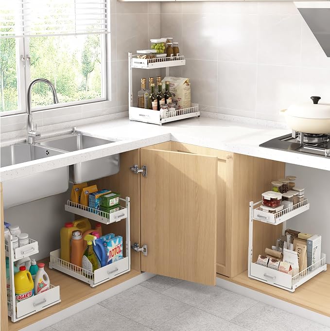 2 Pack Under Sink Organizer, 2 Tier Slide Out Cabinet Organizer with Pulley, Height Adjustable Pull Out Shelf for Kitchen, Bathroom, Laundry and Utility Storage, White