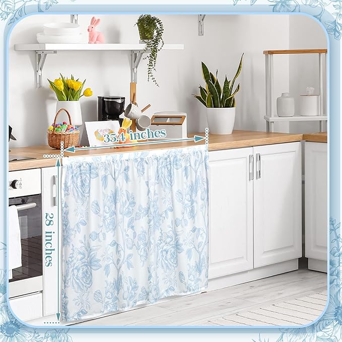 VitalCozy Cabinet Curtain 28" w x 35.4" L Sink Skirt for Bathroom Kitchen Blue Flower Floral Spring Short Curtain for Home Classroom Farmhouse Rustic Drape Under Desk Privacy Drape for Laundry Room