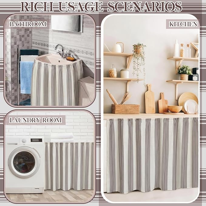 VitalCozy Cabinet Curtain 28" W x 51" L Sink Skirt for Bathroom Kitchen Grey Stripes Short Curtain for Home Classroom Farmhouse Rustic Drape Under Desk Privacy Drape for Laundry Room