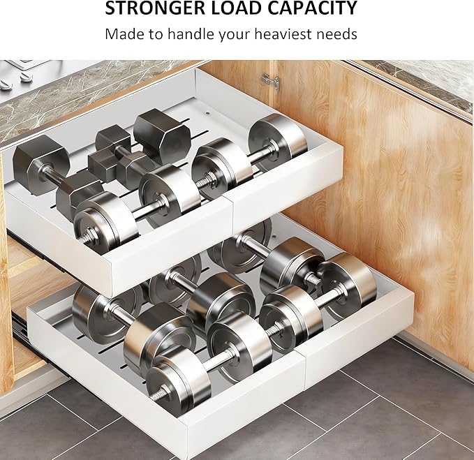 2 Pack Pull Out Cabinet Organizer Expandable Width (12.2"-20.4") x 21'' Deep, No Drill Adhesive Drawer, Heavy Duty Roll Out Shelves Drawers Adjustable White
