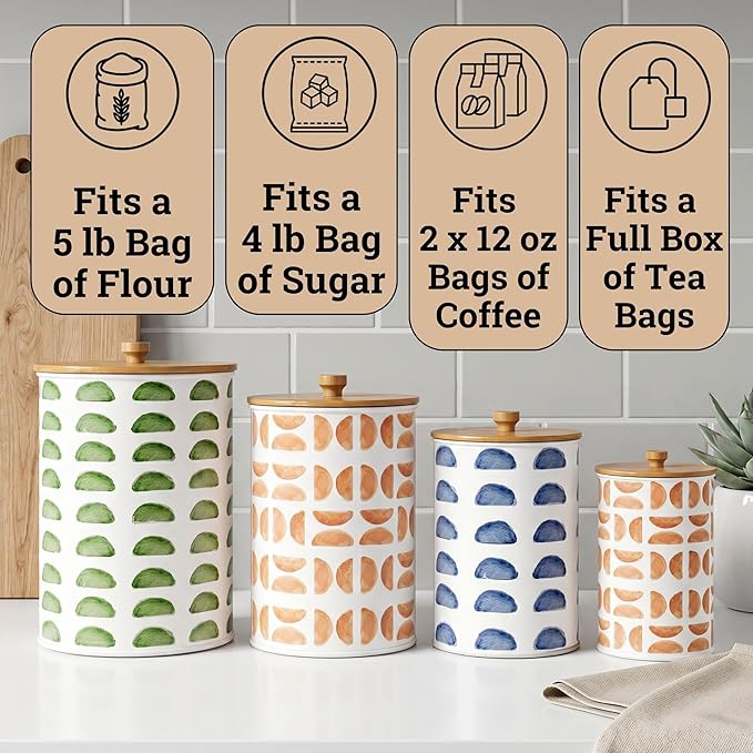Kitchen Canisters for Countertop Set of 4 - Patterned Iron Kitchen Canisters with Airtight Lids - Flour Sugar Canister Set - Flour and Sugar Containers Farmhouse - Coffee Jar for Counter - White Jar