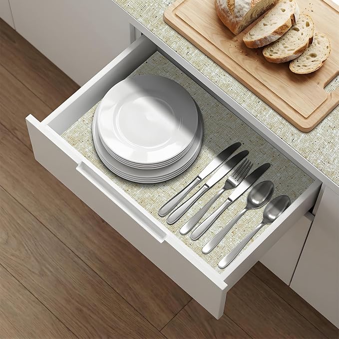12'' X 240'' Beige Shelf Liner Drawer Liner for Kitchen Cabinet Non Adhesive, Strong Grip Anti Slip Cabinet Liners for Shelves, Oil-Proof Waterproof Cupboard Liner