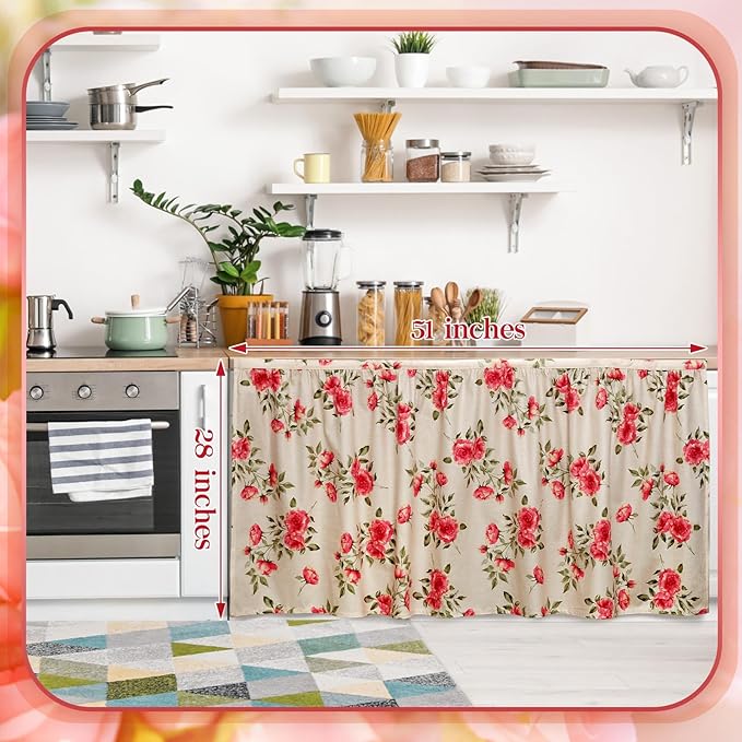 VitalCozy Cabinet Curtains 28" W x 51" L Sink Skirt for Bathroom Kitchen Vintage Rose Floral Cabinet Curtains for Classroom Home Farmhouse Rustic Drape Under Desk Privacy Drape for Laundry Room