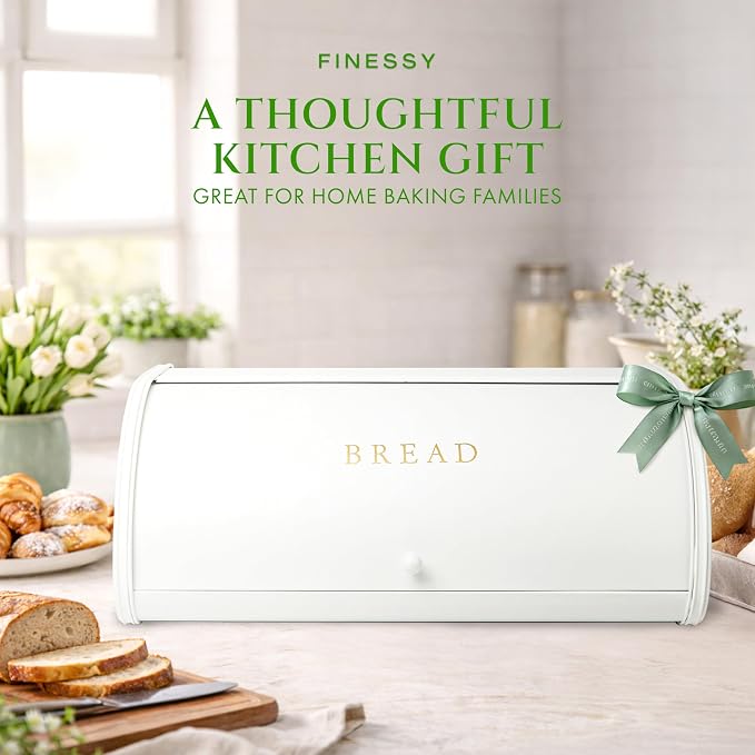 FINESSY Large Bread Box White for Pantry, Bread Box for Kitchen Countertop Stainless Steel, Breadbox Keeper for Fresh Homemade Muffin Sourdough Bagel Sandwich, Large Food Storage Containers with Lids
