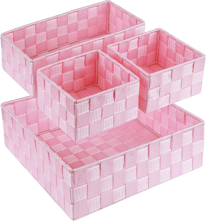 Posprica Woven Storage Baskets for Organizing, Small Baskets Cube Bin Container Tote Organizer Divider for Drawer, Closet, Shelf, Dresser, Set of 4(Pink)