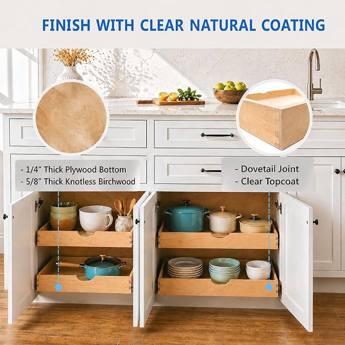 COUVER Birch Wood Pull-Out Cabinet Organizer - Soft Close Slide-Out Drawer for Kitchen & Bathroom, DIY Non-Assembled Wooden Under Sink Storage, Bottom-Mounted Side-Mounted, 21 inch